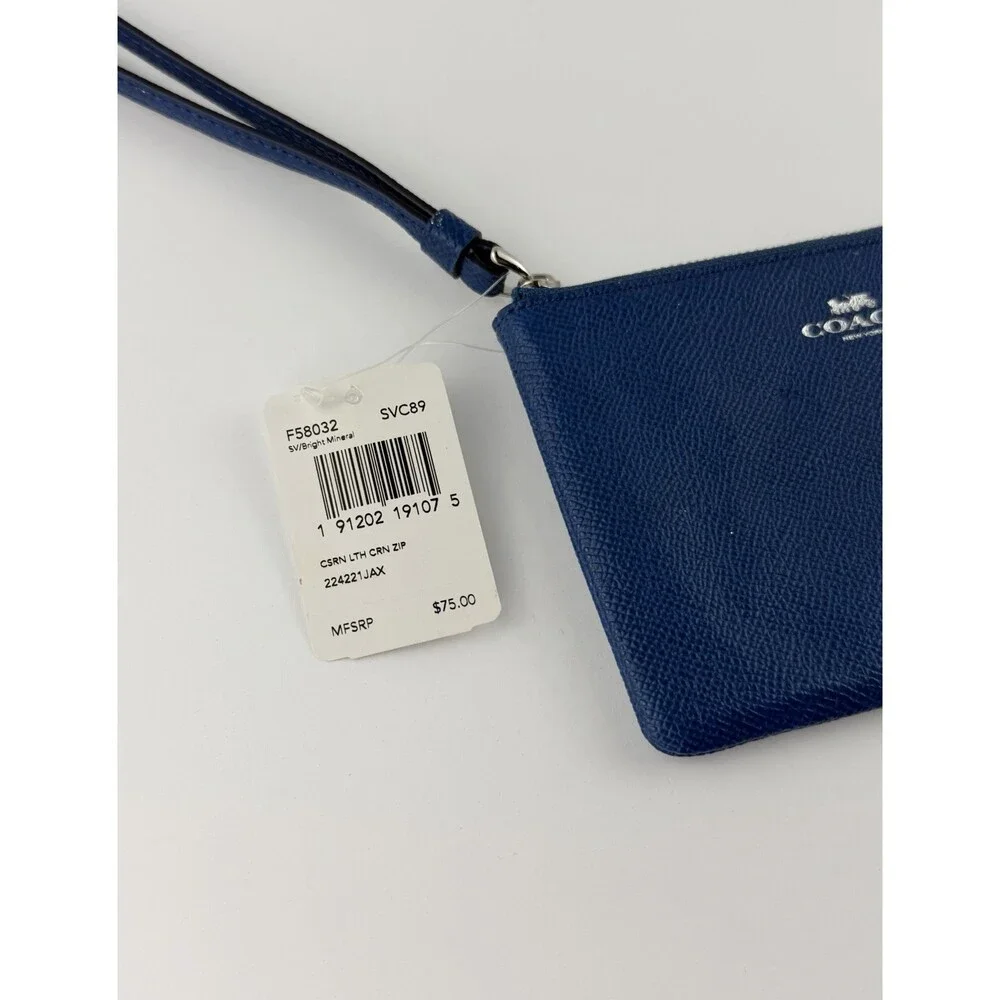 COACH Midnight Blue Leather Corner Zip Wristlet Wallet w/ Strap Logo *NWT* $75